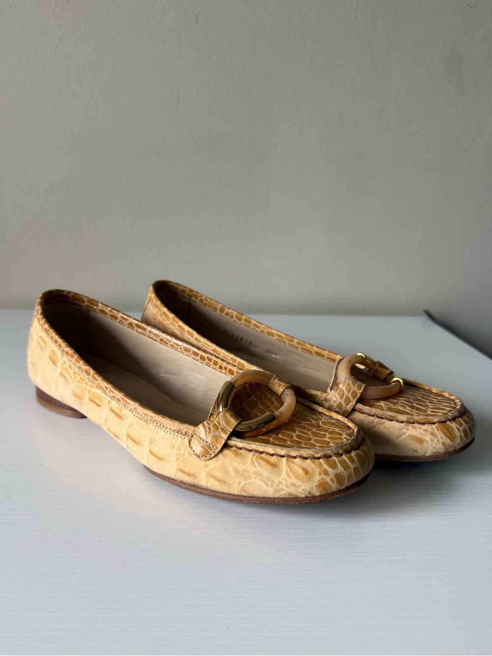Stuart Weitzman Cream-Tan Croc-Embossed Leather Loafers with Gold Buckle